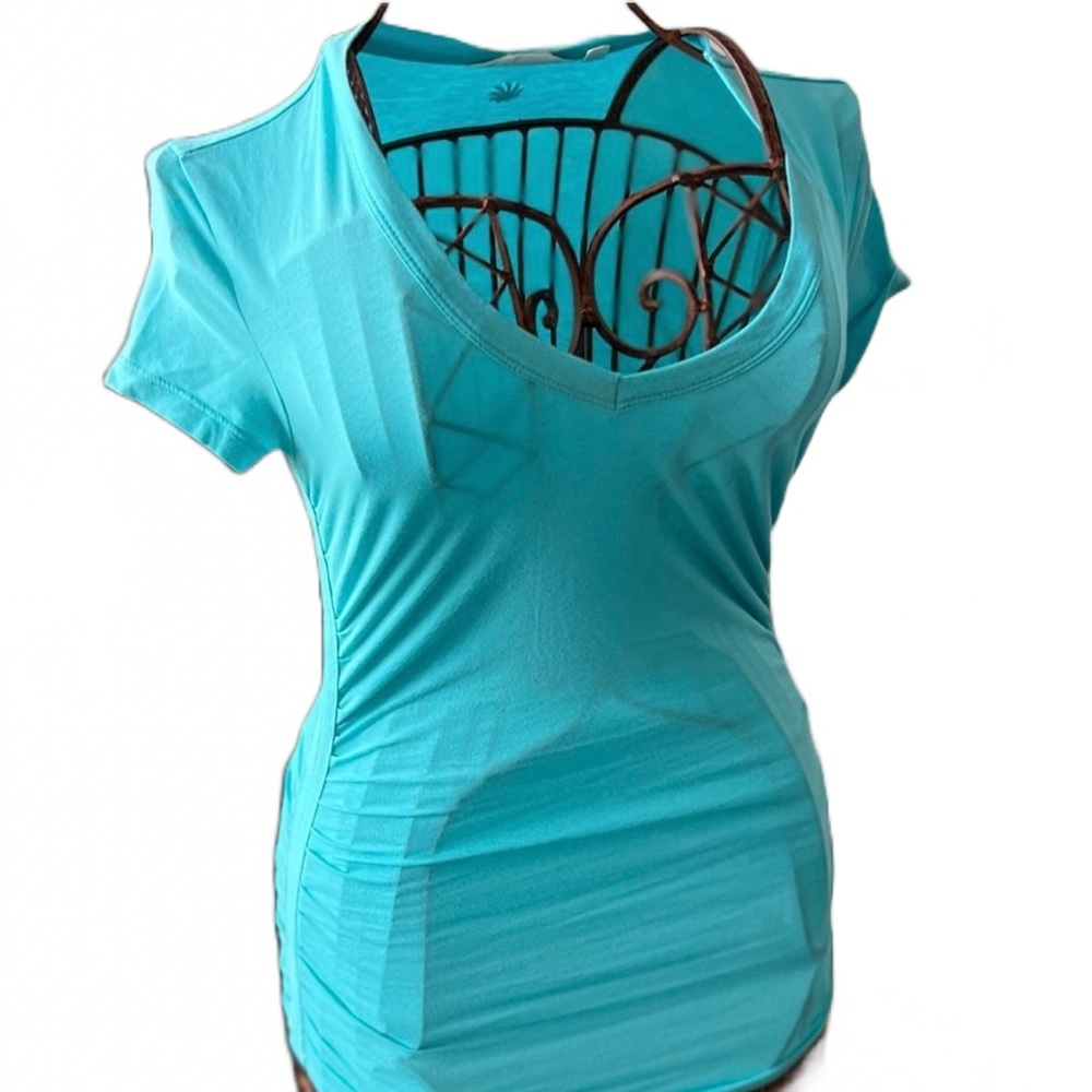 Athleta Tiffany Blue V-Neck Ruched Performance Tee